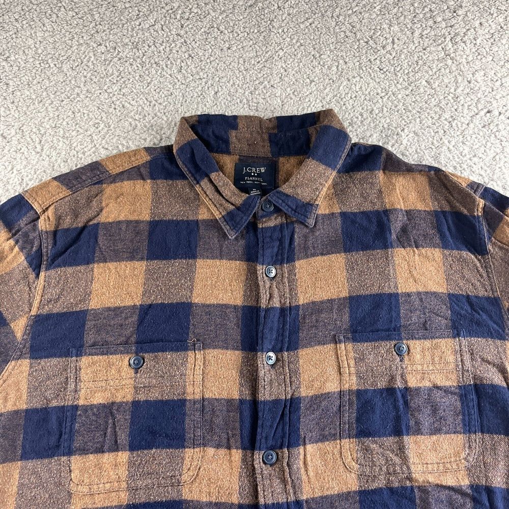 J. Crew Shirt Mens Extra Large Blue Brown Check Flannel Button Up Midweight